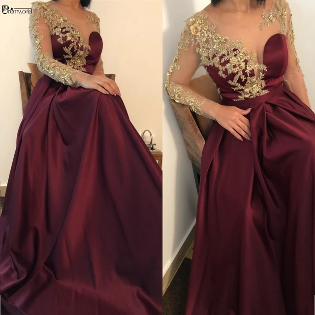 Elegant Burgundy A Line Evening Dresses Illusion Long Sleeve Formal Prom Dress 2024 Gold Flowers Lace Satin Robe De Soiree AliExpress