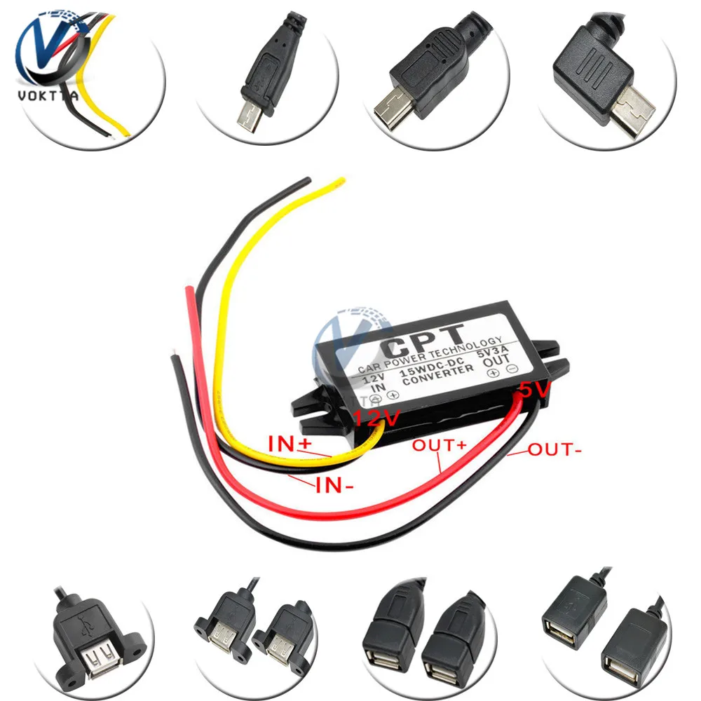 DC-DC 12V to 5V 3A 15W Car Waterproof Power Supply Converter Mini USB Step Down Voltage Power Supply Output Adapter for Car