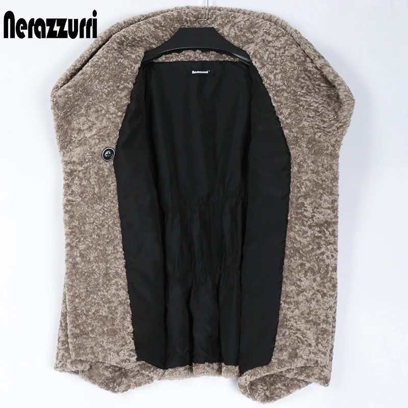 Nerazzurri Winter Soft Warm Faux Fur Coat Women with Hood Raglan Sleeve Double Breasted Karakul Lamb Fur Jacket Women 2021 7xl