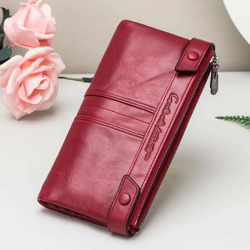 

Contact's Fashion Long Purse Genuine Leather Women Wallet Female Wallets Clutch Zipper Phone Pocket Card Holder Carteras RFID