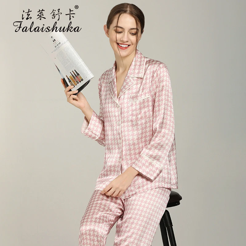 

19 Momme 100% genuine silk pajamas sets women sleepwear fashion Houndstooth plaid pure Mulberry Silk women pyjamas T8271