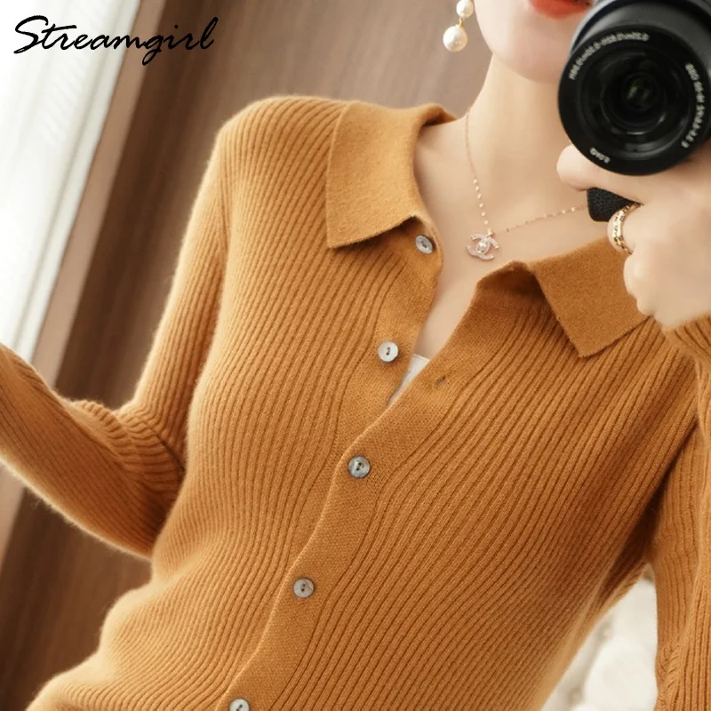 Polo Collar Cardigan Women Winter Long Sleeve knitting button Jackets Women\'s Winter Coats 2021 Autumn Brown Cardigan Knitted