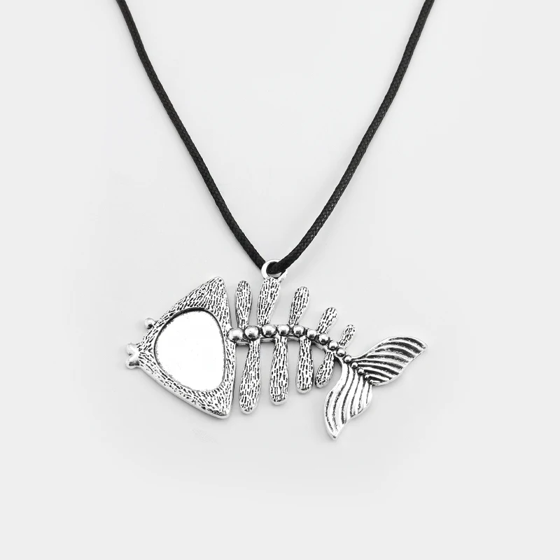 Tibetan Silver Large Fish Bone Pendant Blank Base 23*22mm Cabochon Cameo Tray Bezels Settings For DIY Necklace Jewelry Making