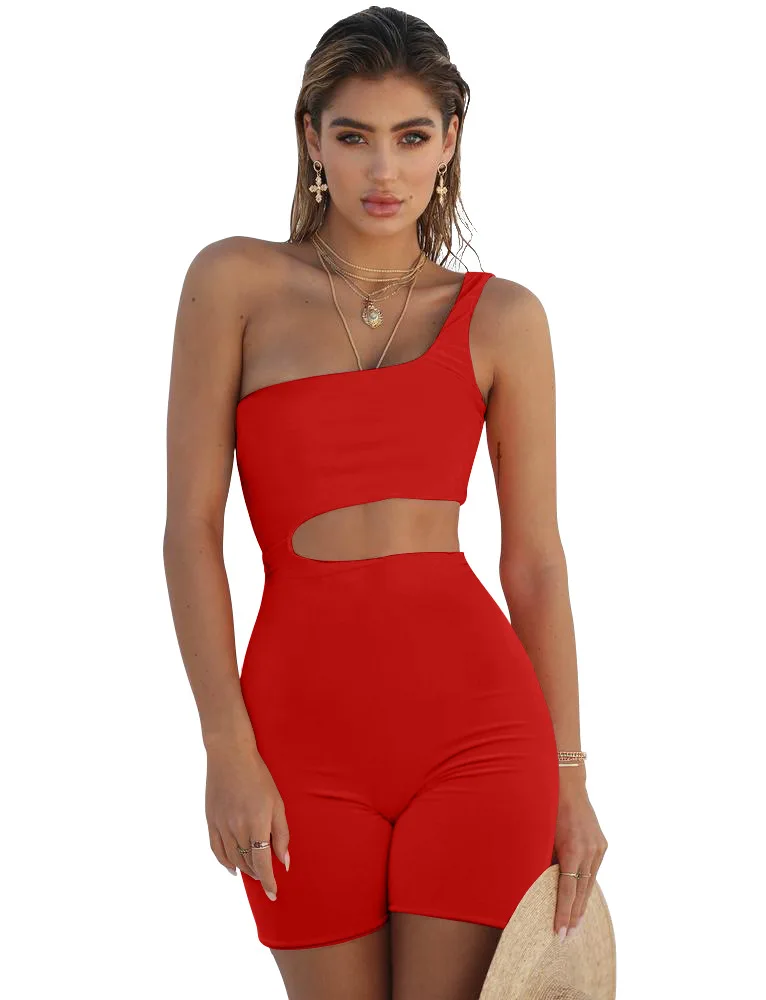 Sexy Solid Hollow Out Short Jumpsuit Skew Collar Sleeveless Side Hole Playsuits Night Club One Piece Fashion Outdoor Streetwear