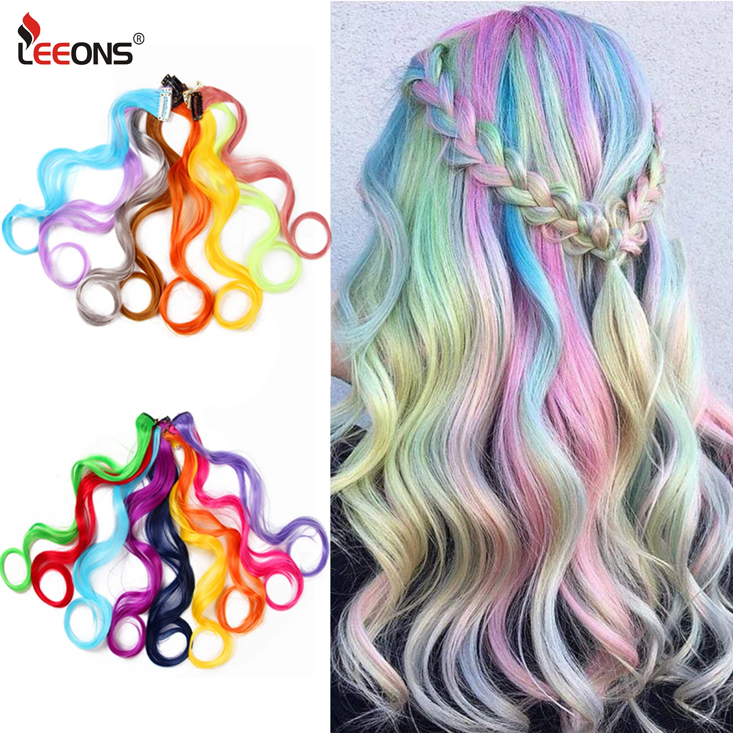 Synthetic Rainbow Wavy Hair Extensions Long Hair Extensions One Single Clip In Wigs Colorful Synthetic Fiber False Fake Hair 20