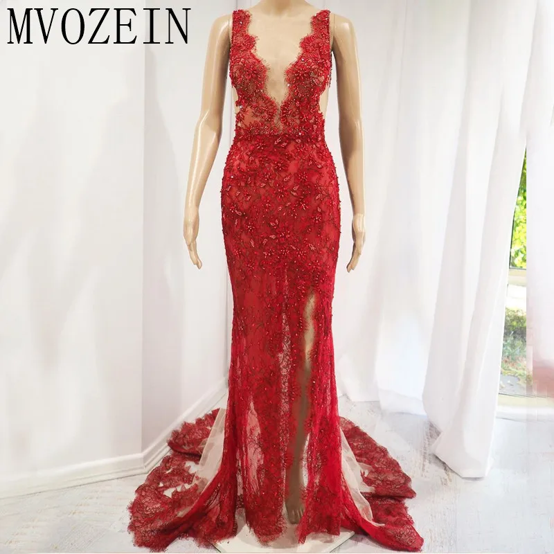 Vestidos Red Mermaid Evening Dress 2023 Deep V-Neck mangas alta Split Ver Através de longos vestidos de noite Robe de soiree