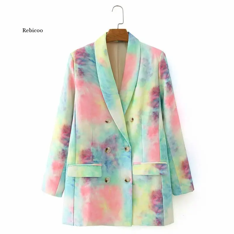 Autumn New Sweet Women Jacket Long Sleeve Double-Breasted Fashion Ladies Tie-Dye Printed Suit Suits Outwear Trend Coat