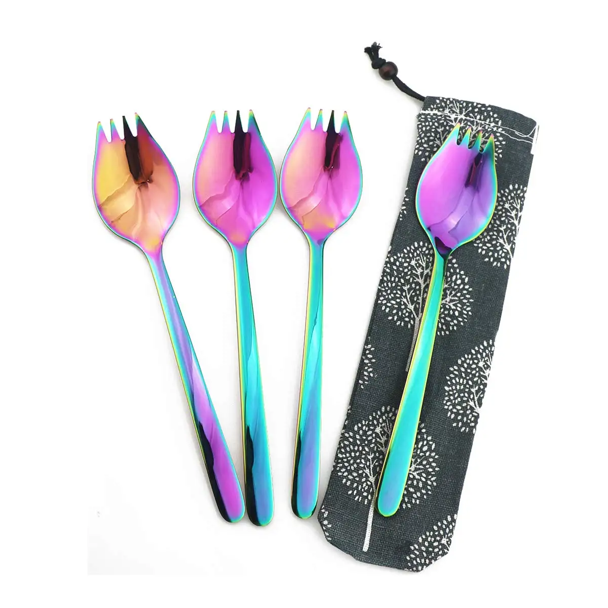 4 Pcs Rainbow Spork for Household Camping Travel Hiking 18/10 Stainless Steel Spoon Fork Noodles Appetizer Dess ert Spoon
