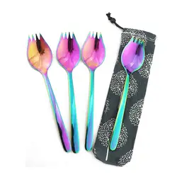 4 Pcs Rainbow Spork for Household Camping Travel Hiking 18/10 Stainless Steel Spoon Fork Noodles Appetizer Dess ert Spoon