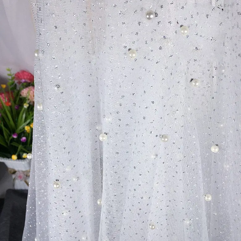 

New bronzed pearl beaded mesh fabric wedding dress skirt clothing mesh fabric tulle lace fabric 130cm width
