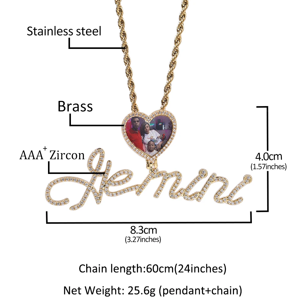 Uwin Custom Name Picure Pendant Heart Hook Cursive Letters Necklaces Hip Hop Jewelry AAA Cubic Zirconia  Fashion