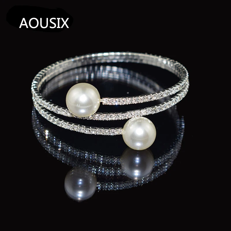 Fashion Imitation Pearl Crystal Bracelet Ladies Gold Silver Plated Bangle 1/2 Row Rhinestone Cuff Bracelet Pulseras Mujer Gift