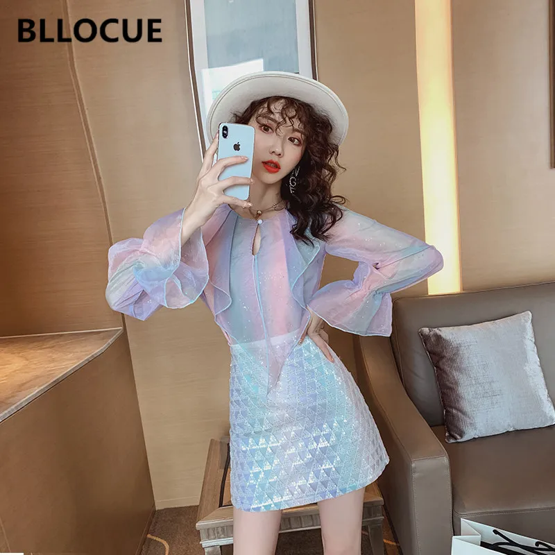 BLLOCUE 2020 Spring New Ruffled Iridescent Long-Sleeved Shirt + High-Waist A-line Skirt Two-piece Fashion Suit Women's Clothing