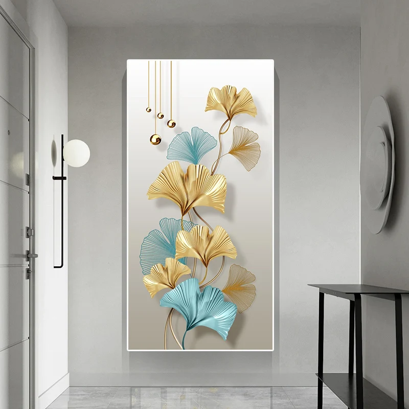 Modern Luxury Home Decor Canvas Painting, Golden Ginkgo Biloba Leaves Feather Abstract Art Pictures Print Entrance Decorations