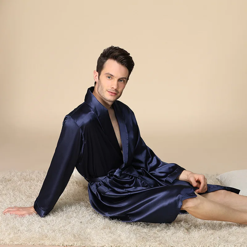 Autumn High-Quality Satin Silk Men's Casual Nightwear Bathrobe Sleepwear Nightgown Robe Pajama халат мужской пижама Peignoir