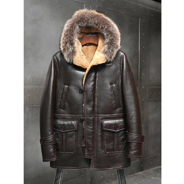 2019 New Shearling Coat Mens Brown B3 Bomber Jacket Hooded Leather Jacket Winter Coats Long Fur Jacket Mink Fur Collar Coat Genuine Leather AliExpress