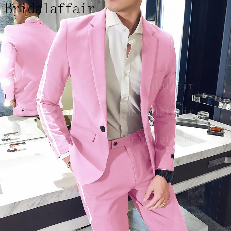 Bridalaffair Summer Suits For Men Wedding Groosmen Lilac Tuxedos with White Trim on side of Jacket and pants Men Casual Suit