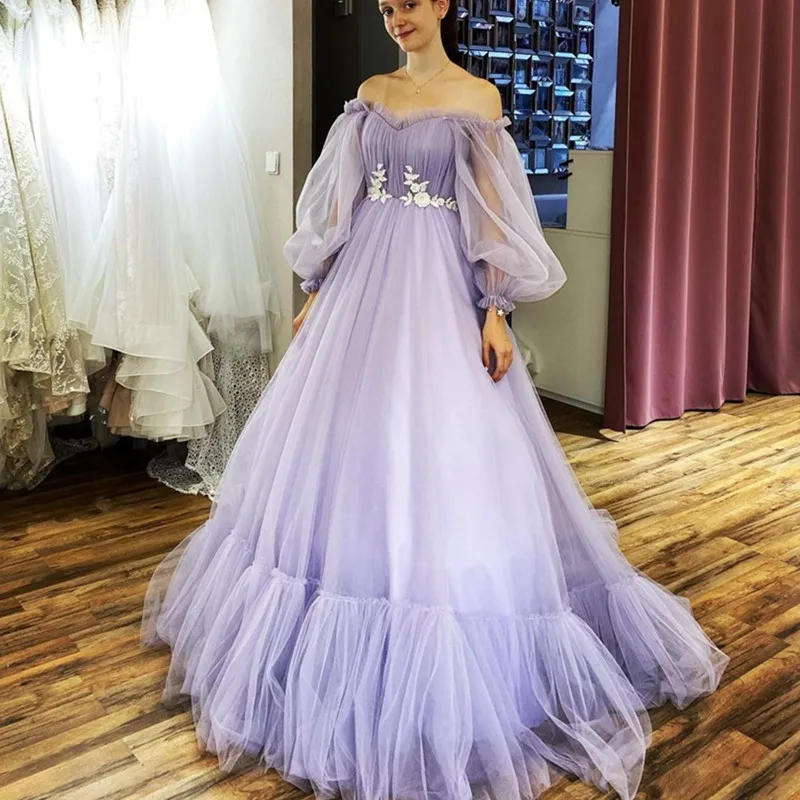 Elegante 2021 manga longa roxo a linha vestido de noite tule apliques barco pescoço baile formal vestido sem costas rendas até roupões de soirée