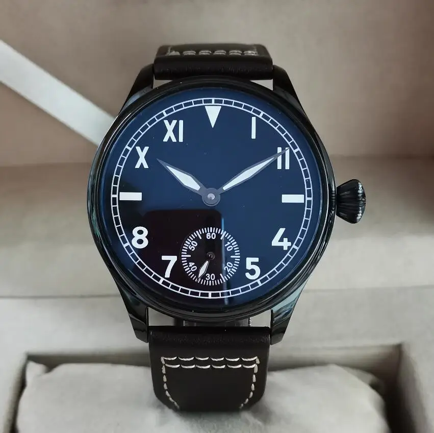 GEERVO No logo 44mm PVD black Manual mechanical men's Watch Black California dial Super luminous coffee strap G140