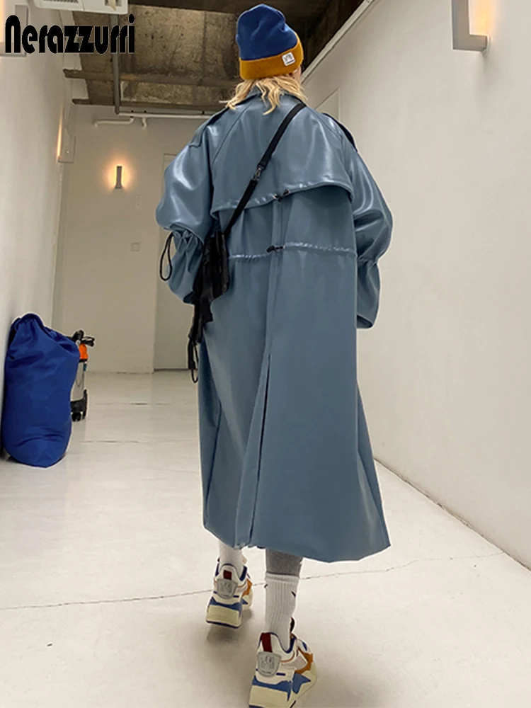 Nerazzurri Autumn Oversized blue long leather trench coat women raglan sleeve drawstring Loose casual waterproof raincoat 2022