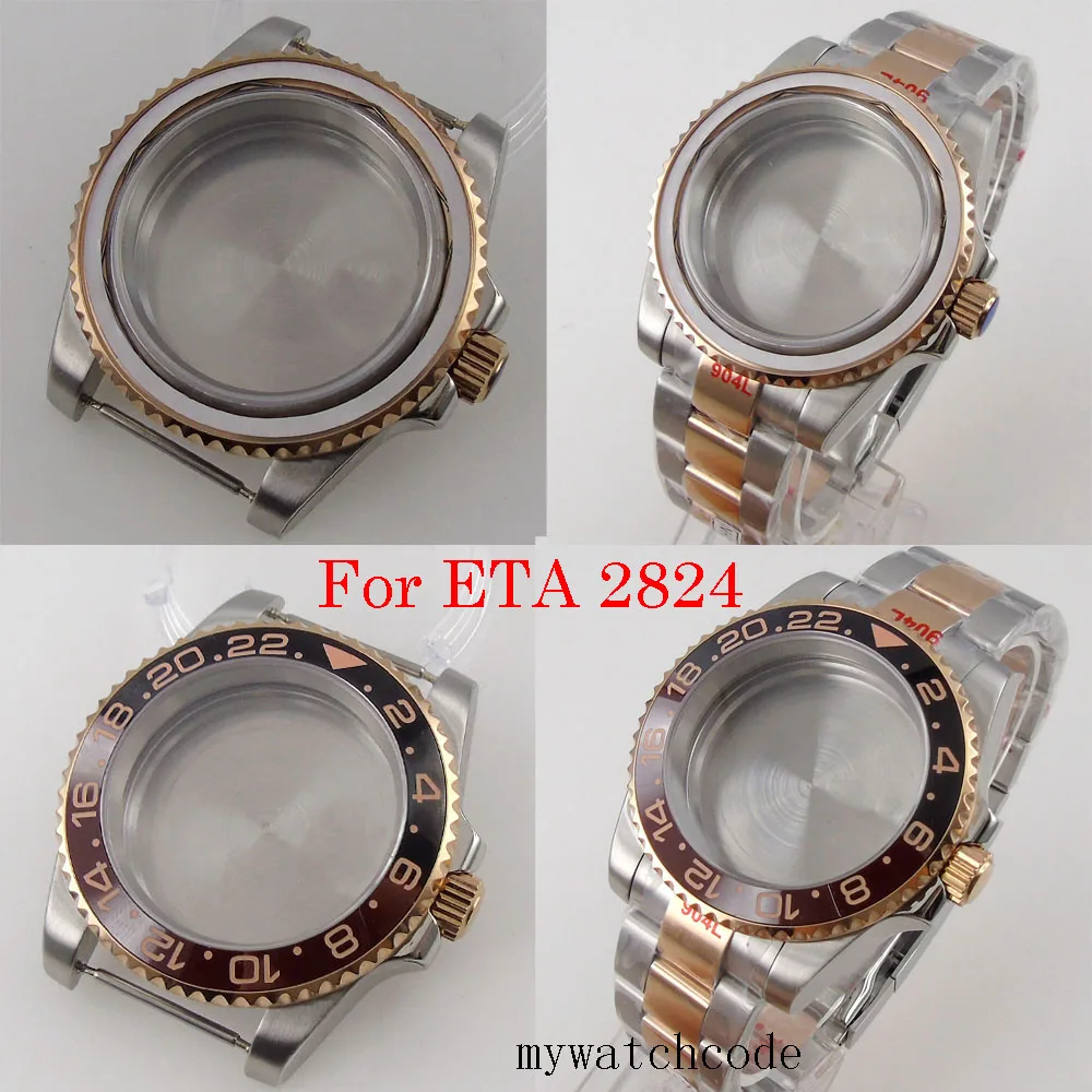 

For ETA 2824 40mm Stainless Steel Watch Case Bezel Two Tone Sapphire Glass Movement Ceramic Insert