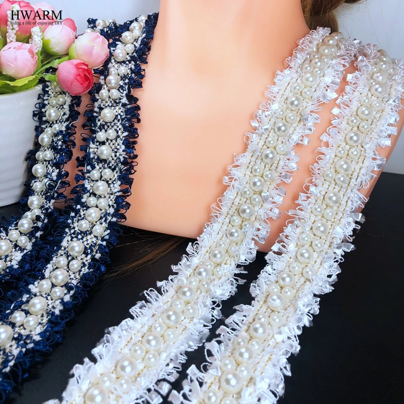 HWARM 5yard 3cm White Pearl lace fabric arts craft sewing fabric nail bead lace DIY manual accessory lace hair ornament bow