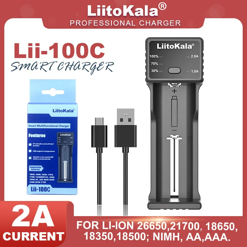 LiitoKala Lii-100C 21700 Rechargeable Battery Charger For 3.7V 18650 18350 26650 1.2V AA AAA Ni-MH C 2A Fast Charge USB Output