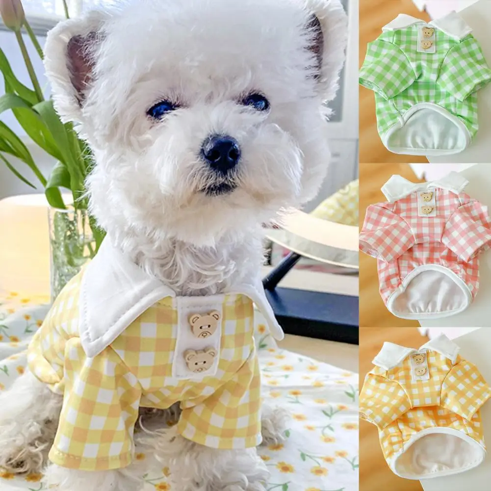 Summer Pet T-Shirt Plaid Printing Turn-down Collar Buttons Two-legged tops Puppy Costume Blouse for Daily Life