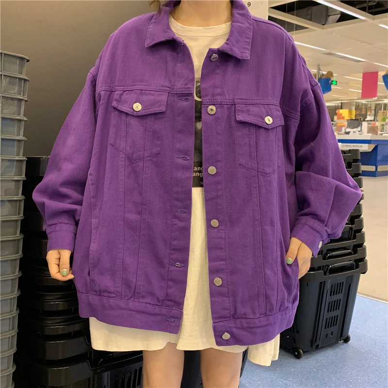 Veste en jean à manches longues pour femme, ample, décontractée, violet, printemps-automne