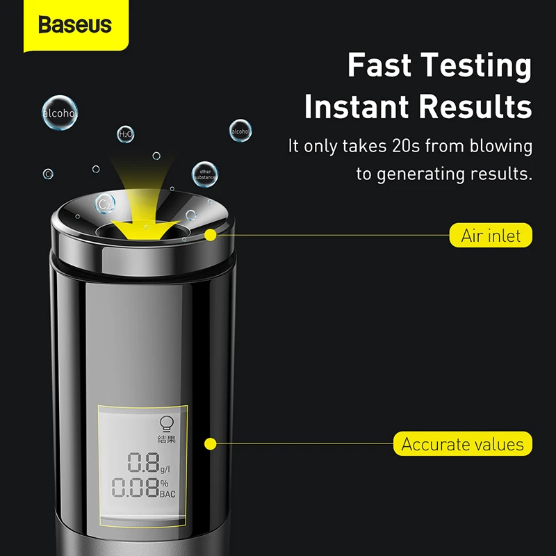 Baseus Automatic Alcohol Tester Professional Breath Tester LED Display Portable USB Rechargeable Breathalyzer Alcohol Test Tools