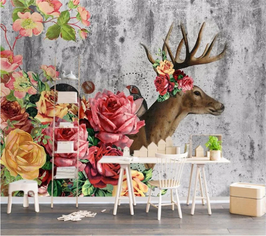 

wellyu Nordic retro roses Elk TV background wall custom large mural green wallpaper papel de parede para quarto