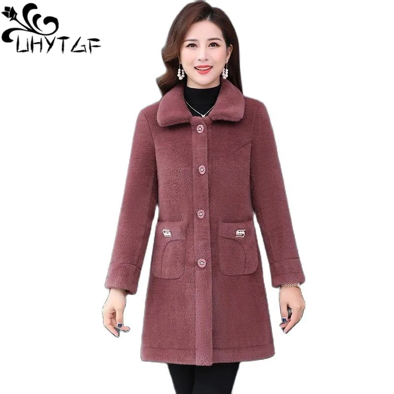 

UHYTGF Middle-Aged Mom Autumn Winter Jacket Quality Mink Fleece Casual Warm Fur Coat Women 5XL Loose Size Outerwear Jaqueta 2282