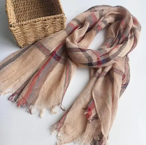 Spring And Summer New Pure Linen Plaid Scarf Women Light And Breathable Sweet Design Lady Shawl Scarves