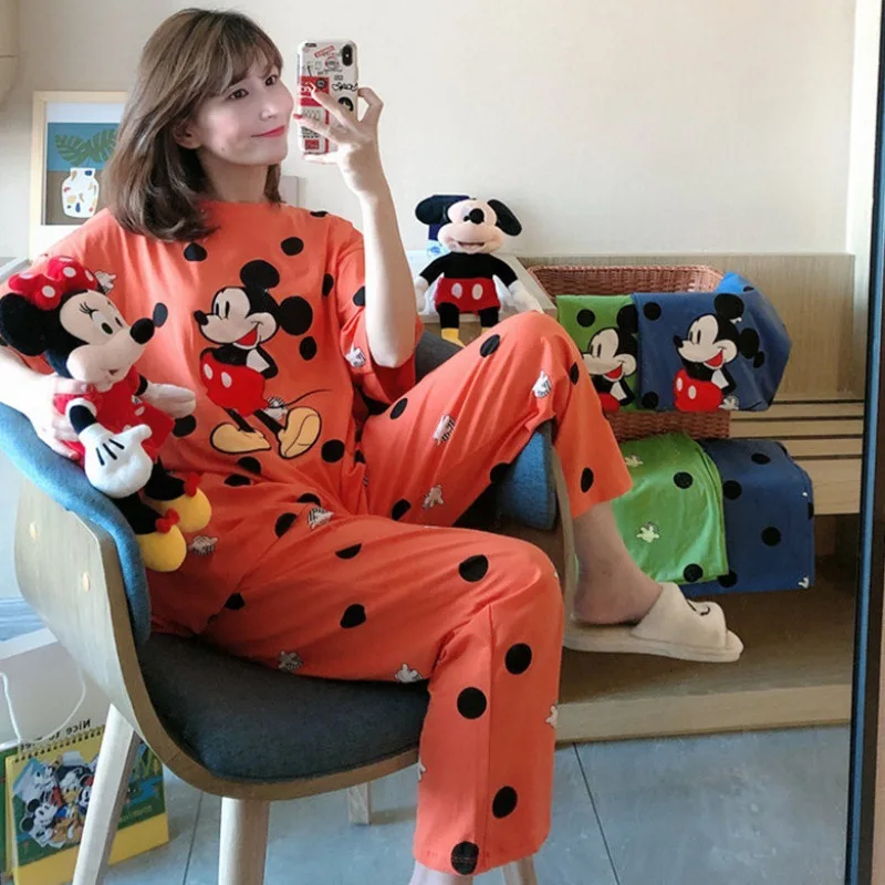 Pajamas Mickey Dot Summer Milk Silk Mickey Mouse Disney Pajamas Women\'s Short Sleeve Trousers Cartoon Loose Home Service