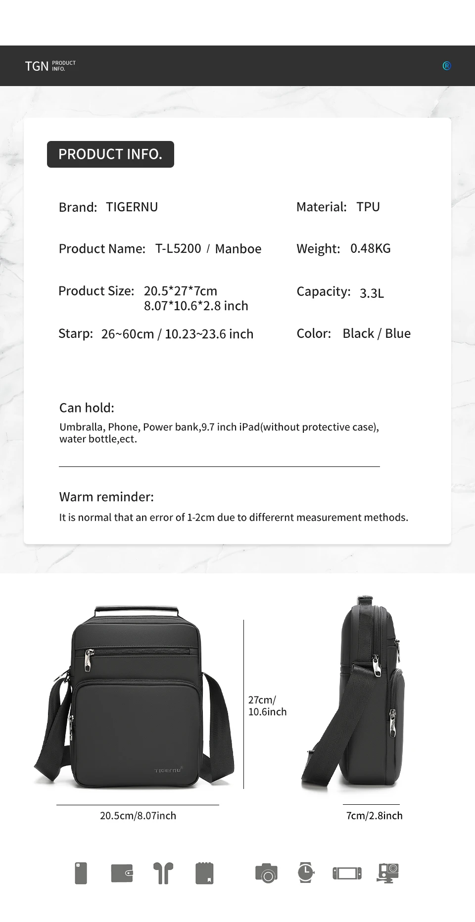 Tigernu Men Shoulder Bag 9.7" iPad Bag Mini Handbag Waterproof Sling Bags Male Business Travel Crossbody Bag For Teens