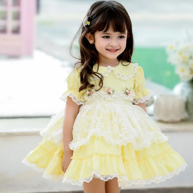 Summer New Spanish Lolita Princess Ball Gown Short Sleeve Lace Stitching Birthday Party Easter Dresses For Girl 12M-6T  A275