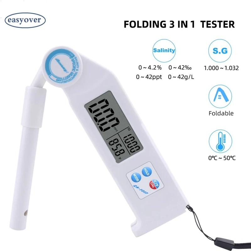 Digital Folding Salinity Meter 0~42‰ Aquariums SeaWater Quality Salt Level Checker 1.000-1.032 S.G Specific Gravity Thermometer