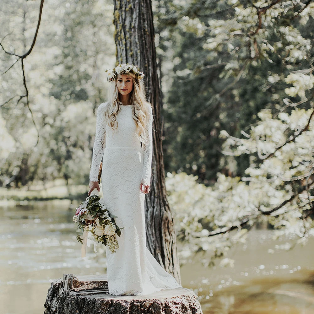 Vestido de novia de manga larga de encaje, traje de novia con diseño de sirena, calado rústico, espalda abierta, cuello de murciélago, fotografía