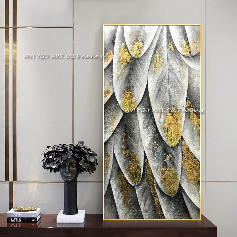 Hand Painted Silver Gold Feather Wall Art, Thick Impasto Gold Foil Texture, Vertical Abstract Canvas for Luxury Foyer Decor