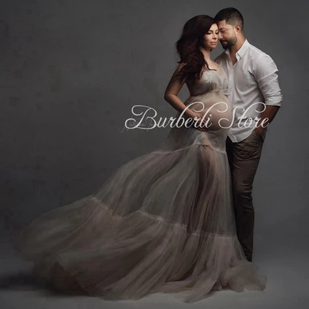 

Sexy See Thru Soft Tulle Maternity Long Robe Women Pretty Ruffles Tulle Long Dresses For Pregnant Photo Shoot Dress