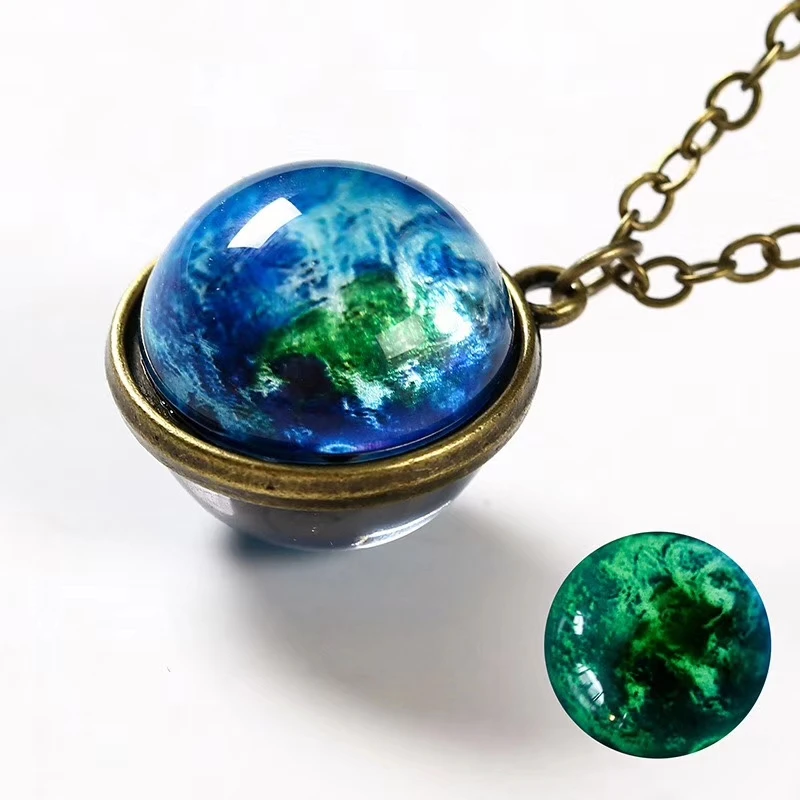 Universe Planet Earth Glass Luminous Double-Sided Retro Pendant Necklace For Women Men Galaxy Nebula Cosmic Art Picture Jewelry