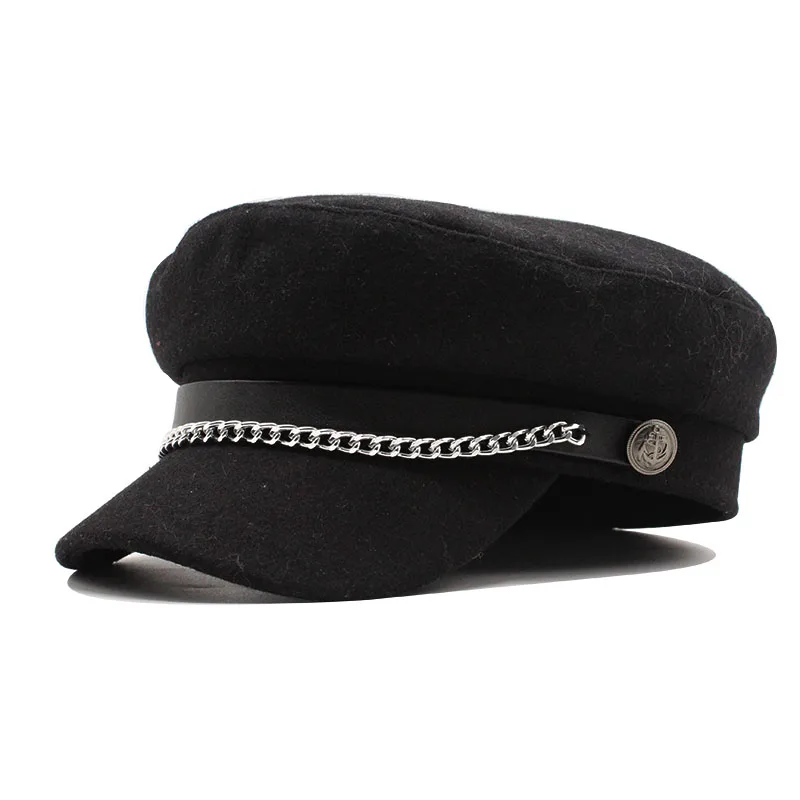 

Autumn Winter Chain Wool Military Berets for Women Female Flat Army Cap Salior Hat Black Girl Ladies Travel Berets Painters Cap