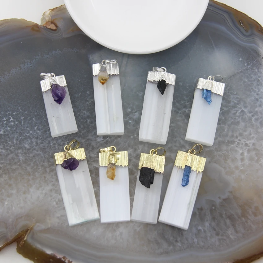 1pc Large White Selenite Paved Natural Amethysts Citrines Black Tourmaline Kyanite Pendant For DIY Jewelry Necklace Making