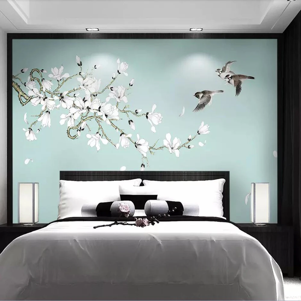 

Milofi custom 3D wallpaper mural white magnolia hand-painted flowers and birds background wall decoration wallpaper mural