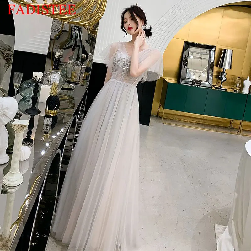 新スタイルレースvネックアップリケパーティーイブニングドレスvestidoデ · フェスタaラインウエディングドレスローブ · ド · 夜会 вечерние платья