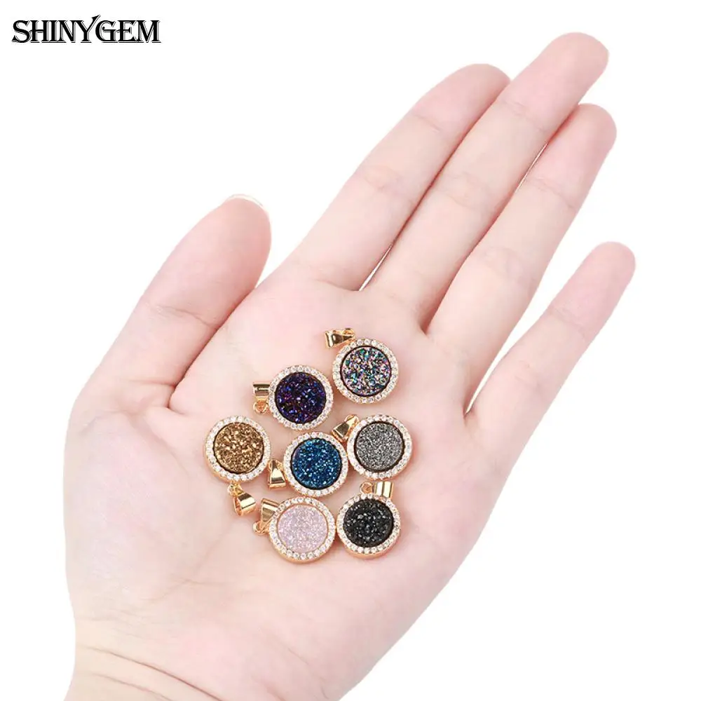 5p 천연 라운드 크리스탈 druzy 스파클링 카보 숑 펜던트 마이크로 인레이 지르콘 골드 도금 베젤 참 트렌디 쥬얼리