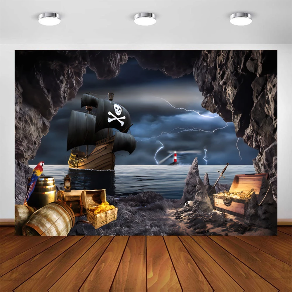 

Yeele Pirate Ship Cave Treasure Wooden Barrel Backdrop Photography Baby Birthday Party Background For Photo Studio Photophone