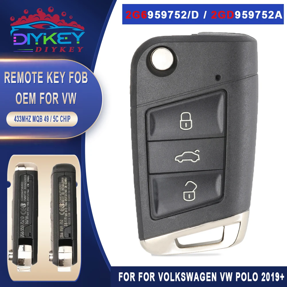 

DIYKEY 2G 6959752 2G 6959752 D 2GD 959752 Брелок для бесключевого доступа, 433 МГц, 5C/MQB49, дистанционный ключ для Volkswagen VW Polo 2019+, сиденье для гольфа Skoda