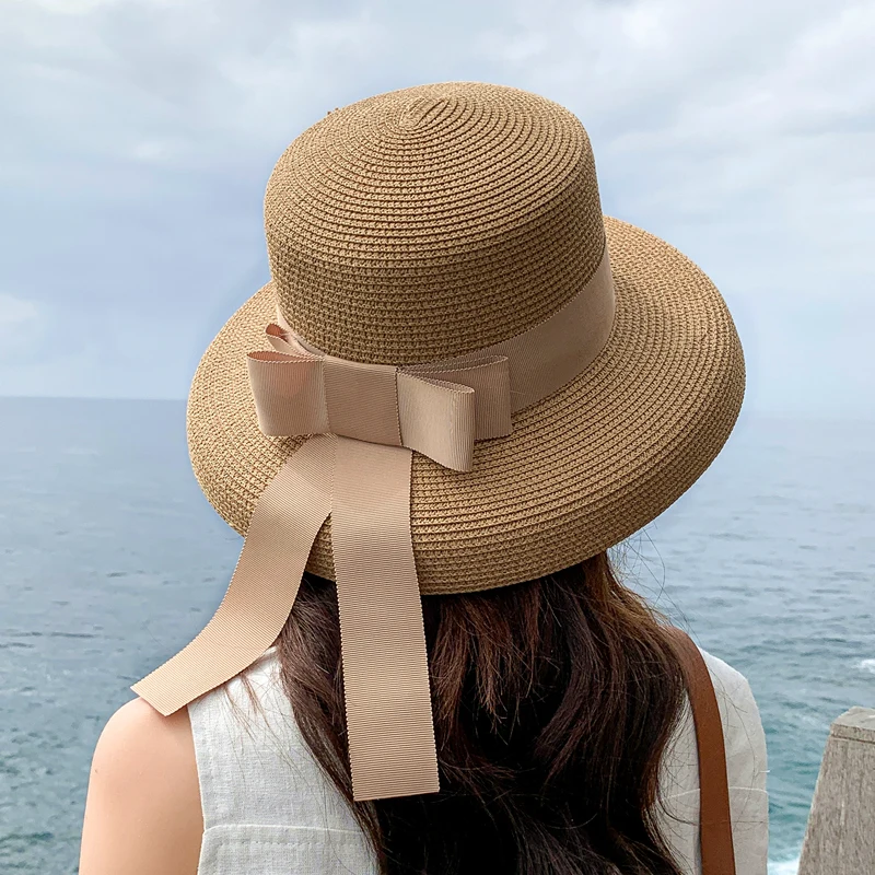 Retro Round Top Straw Hat Ladies Sun Hats Travel Holiday Visor Hats Vintage Women Beach Hat Black And White Wholesale ceremony