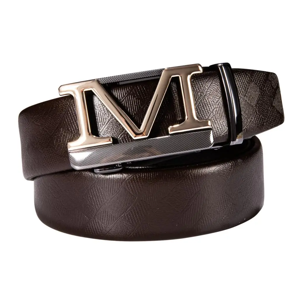 Designer M Letter Automatic Buckles Mens Belts Brown Cowhide Leather Ratchet Waistband Belt for Men Dress Jeans Casual Formal XL